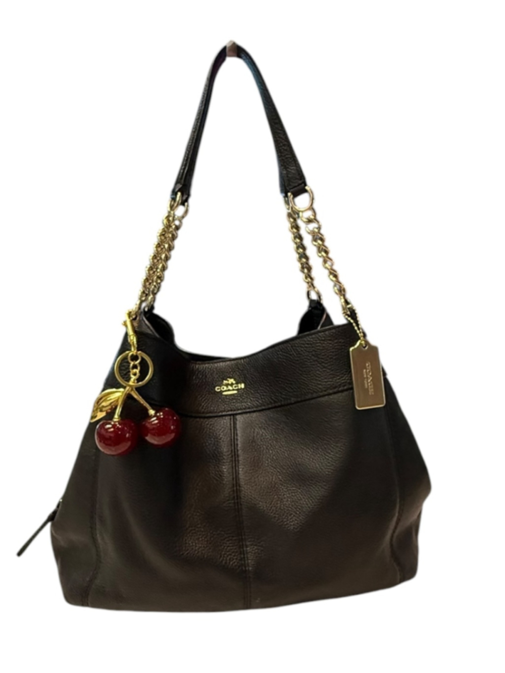 Coach Lexy Black Pebble Leather Hobo Bag w/ Gold Chain, Cherry Charm & Coach Tag